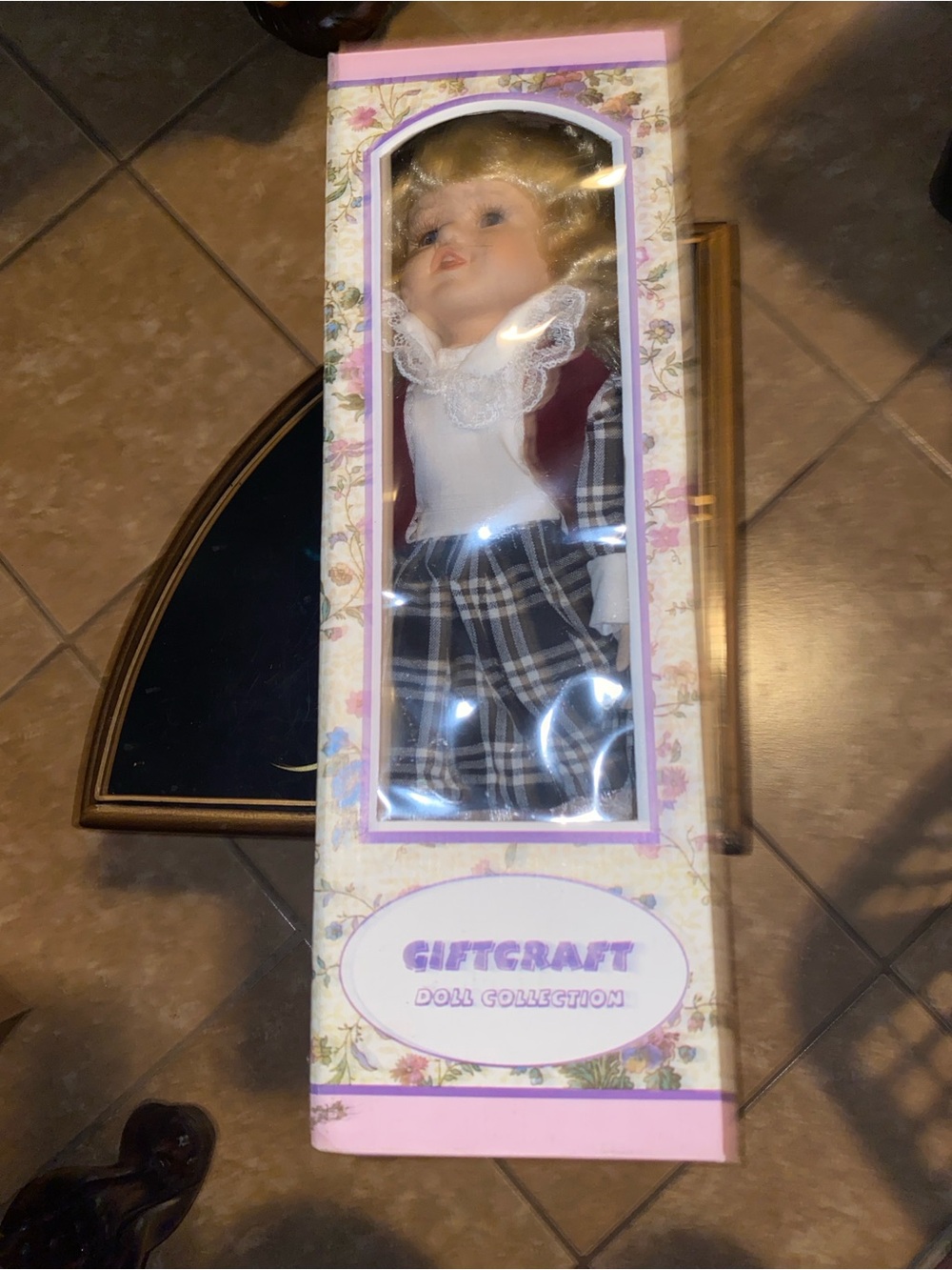 GiftCraft Porcelain Doll Plaid Dress with Lace Collar - White & Black